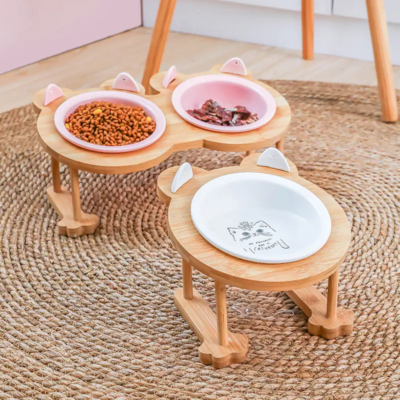 Paw Pets Wood and Stone Cat Bowl – Ceramic Bowl with Bamboo Rack for Cats and Dogs Paw Pets Store