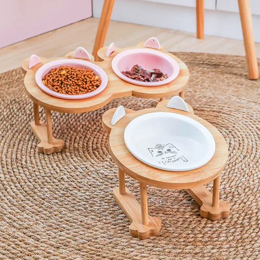 Paw Pets Wood and Stone Cat Bowl – Ceramic Bowl with Bamboo Rack for Cats and Dogs Paw Pets Store