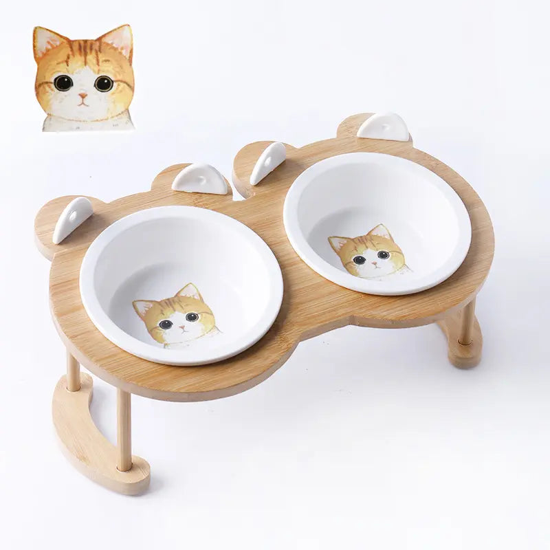 Paw Pets Wood and Stone Cat Bowl – Ceramic Bowl with Bamboo Rack for Cats and Dogs Paw Pets Store