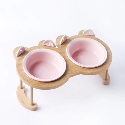 Paw Pets Wood and Stone Cat Bowl – Ceramic Bowl with Bamboo Rack for Cats and Dogs Paw Pets Store